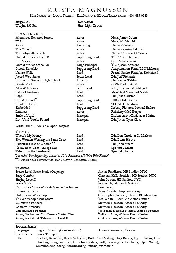 Acting Resume for Vancouver Actor Krista Magnusson 